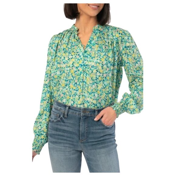 Kut From The Kloth Floral Peasant Top Plus Size 1X Pleated Smocked Blouse Boho - Picture 1 of 8